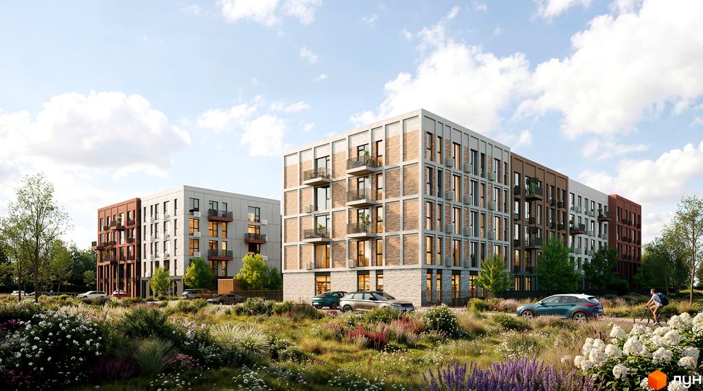 Житловий комплекс SOFIpark: фасади будівель з цегляними елементами та балконами, зелена прибудинкова територія з квітами та автомобілями.