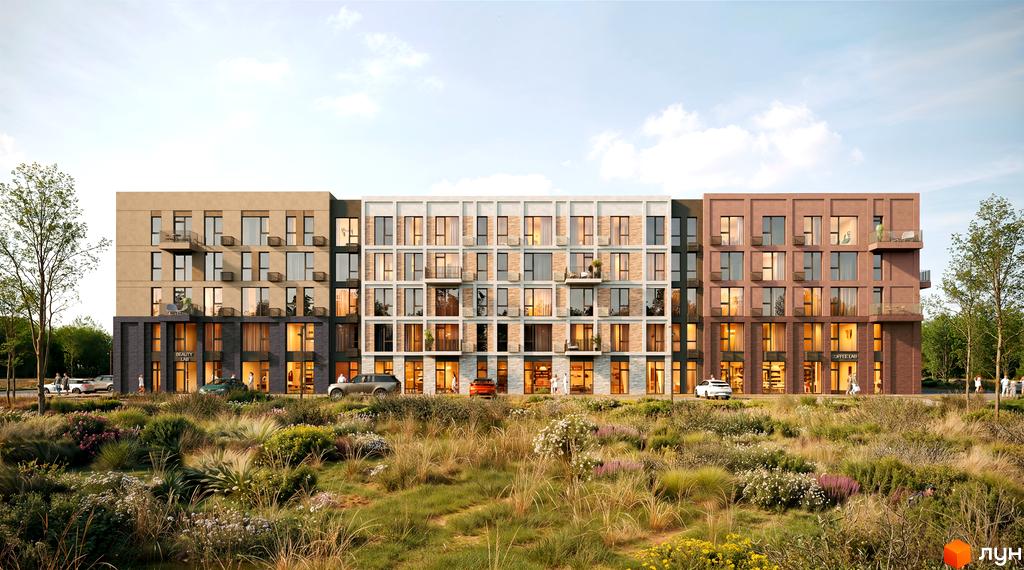 Житловий комплекс SOFIpark: багатосекційний будинок з різнокольоровими фасадами та комерцією на першому поверсі. Прибудинкова територія з природним ландшафтом.