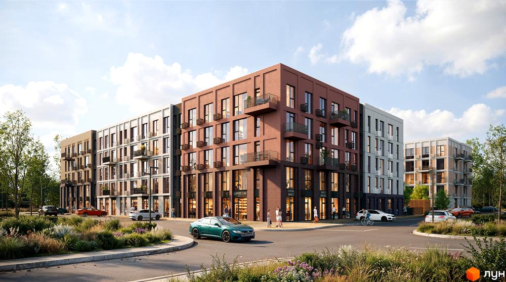 Житловий комплекс SOFIpark: багатоповерхові будинки з різнокольоровими фасадами та комерційними зонами на першому поверсі. Прилегла територія з озелененням.