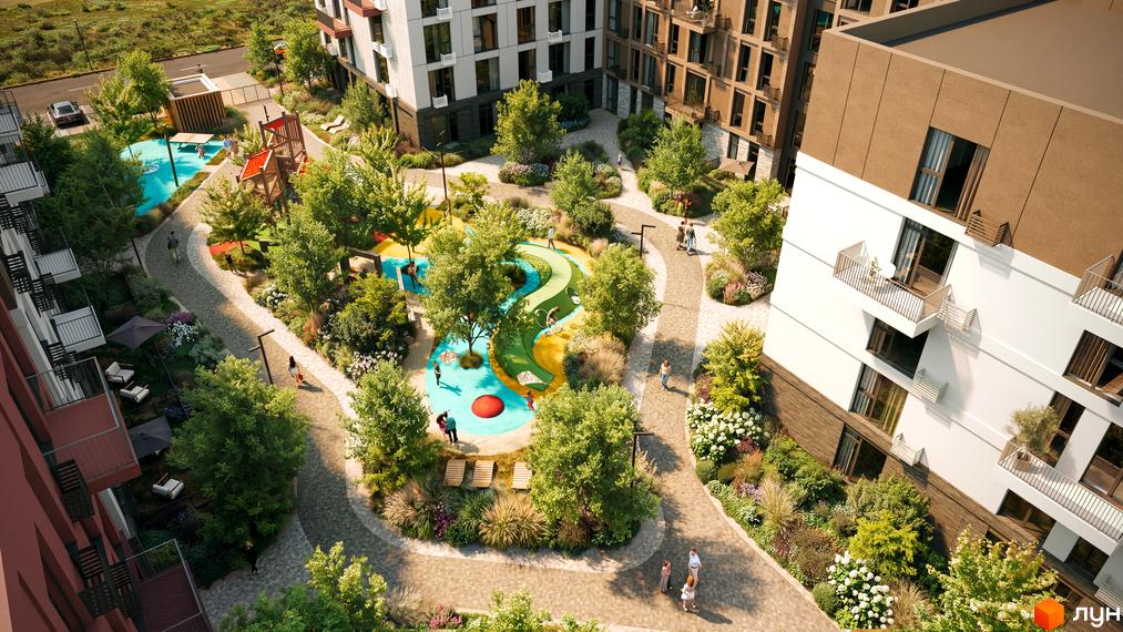 Житловий комплекс SOFIpark з дитячим майданчиком, зонами відпочинку та зеленими насадженнями. Зовнішній вигляд будівель та прибудинкова територія.