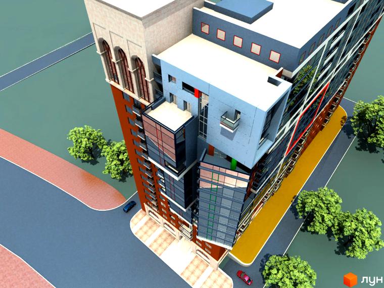 Зовнішній вигляд житлового комплексу Баку з цегляним фасадом та скляними елементами. Навколо новобудови розташовані зелені насадження та дорога.