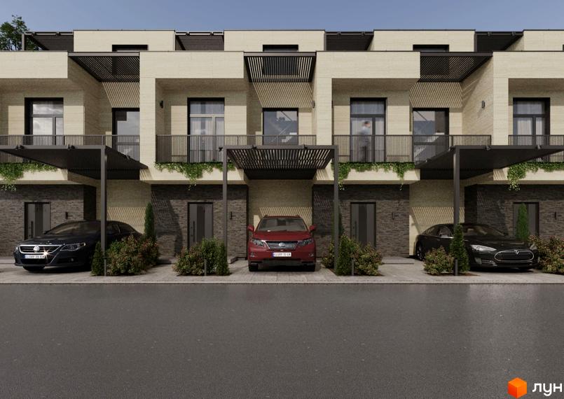 Фасад житлового комплексу на вулиці Волошкова з прибудинковою територією та автомобілями. Зовнішній вигляд будинку з балконами та навісами.