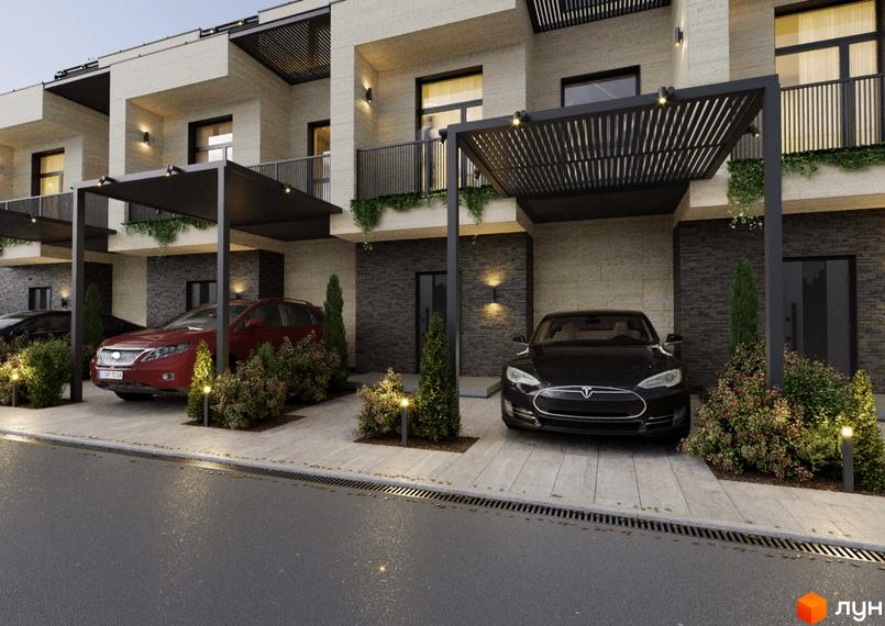 Фасад будинку з навісами для паркування та автомобілями. Територія перед будинком з кущами та освітленням.