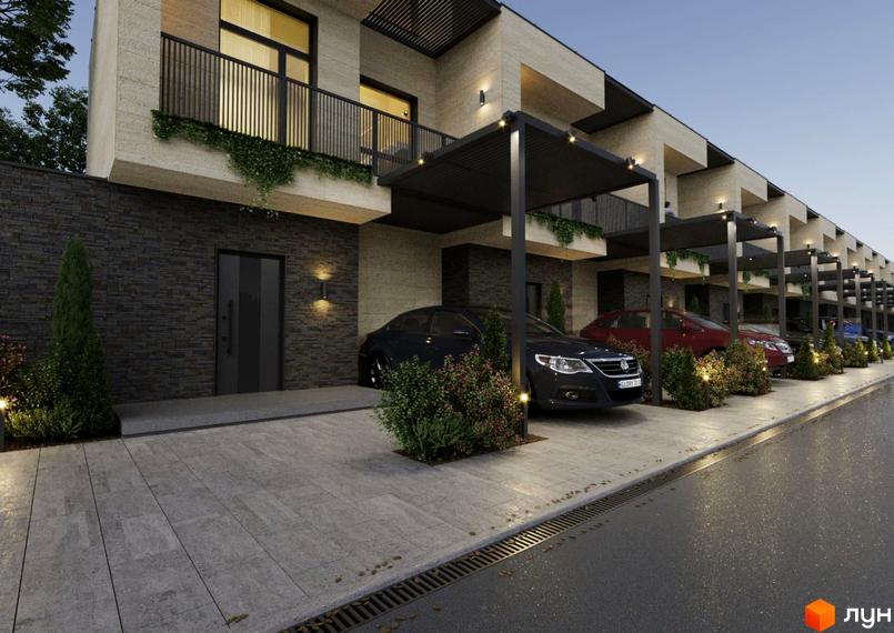 Зовнішній вигляд будинків житлового комплексу на вулиці Волошкова з навісами для авто та доглянутою прибудинковою територією.