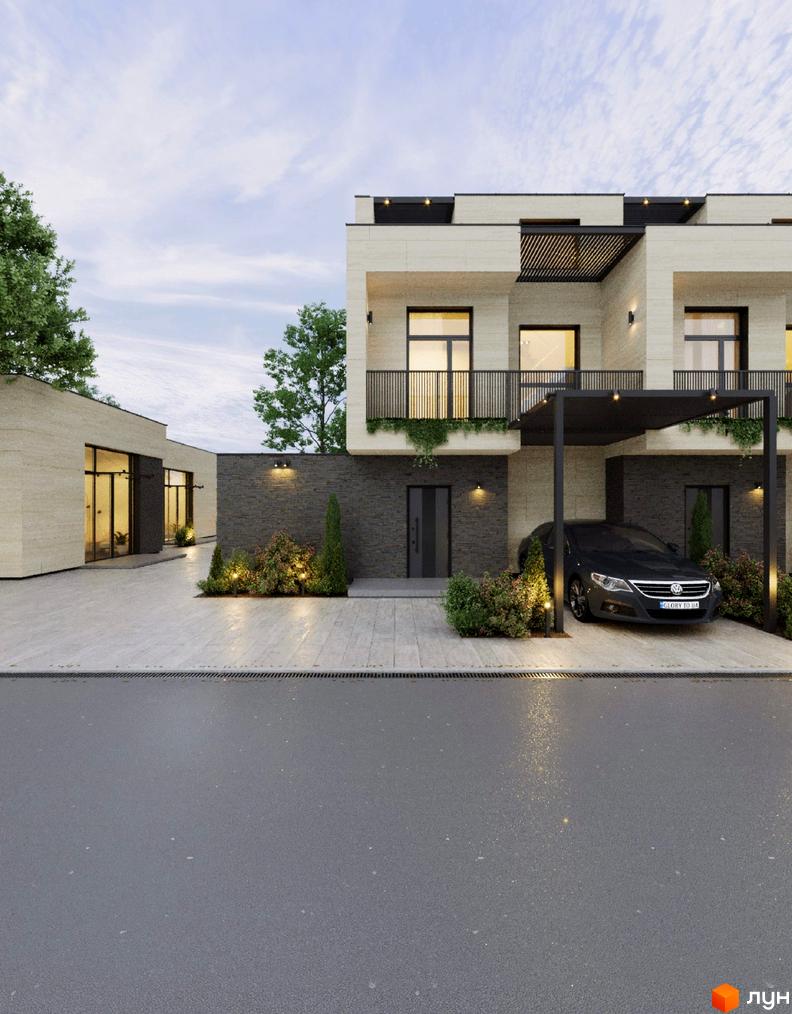 Зовнішній вигляд будинку з бежевим фасадом та темною цегляною стіною, прибудинкова територія з доглянутими кущами та освітленням.