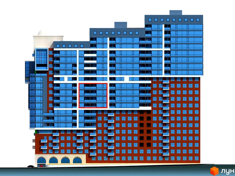 Зовнішній вигляд новобудови ЖК Баку з цегляним фасадом та скляними балконами. Комплекс має багатоповерхові секції та сучасне архітектурне рішення.