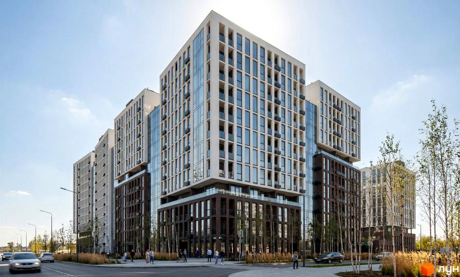 Зовнішній вигляд житлового комплексу Nova City з багатоповерховими будинками та скляними фасадами, прибудинкова територія з деревами та дорогою.