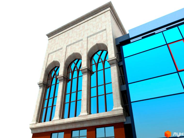 Житловий комплекс Баку. Фасад будівлі з арочними вікнами та сучасними скляними панелями. Архітектура комплексу.