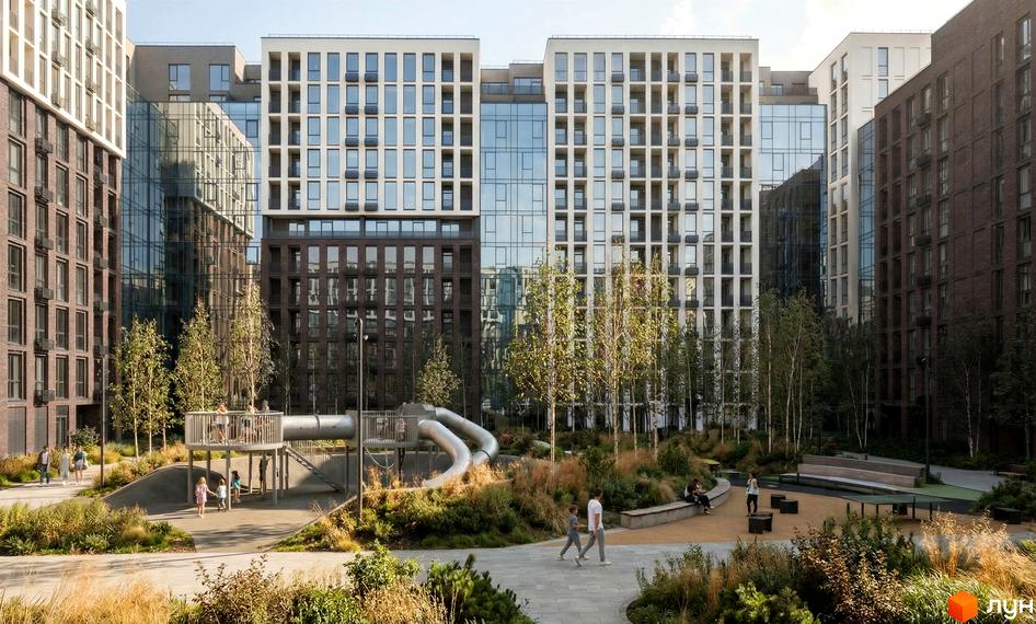 Житловий комплекс Nova City: фасади будівель з цегли та скла, дитячий майданчик та зони відпочинку на прибудинковій території.