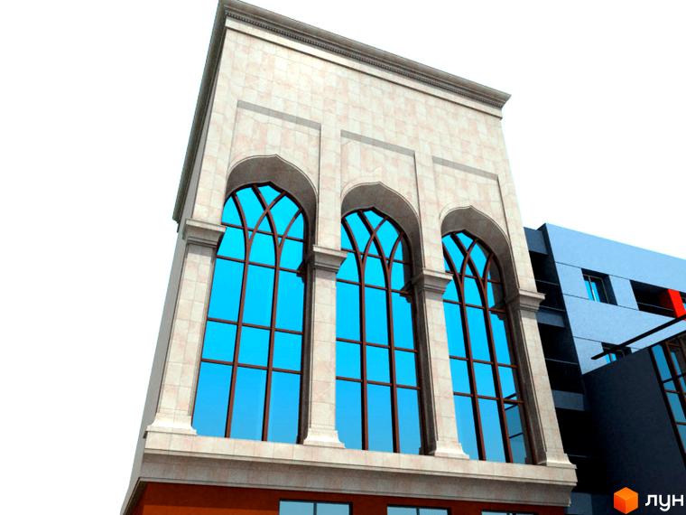 Житловий комплекс Баку: фасад будівлі з арочними вікнами та блакитним склінням. Поруч розташована сусідня будівля.