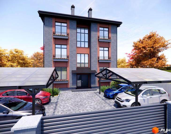 Новобудова ЖК Шкільний з цегляним фасадом та навісами для авто. Прибудинкова територія з паркуванням та зеленими насадженнями.