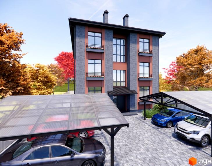 Житловий комплекс Шкільний: чотириповерхова новобудова з цегляним фасадом, балконами та навісами для автомобілів. Навколо будинку розташовані дерева з осіннім листям та вимощена бруківкою територія.