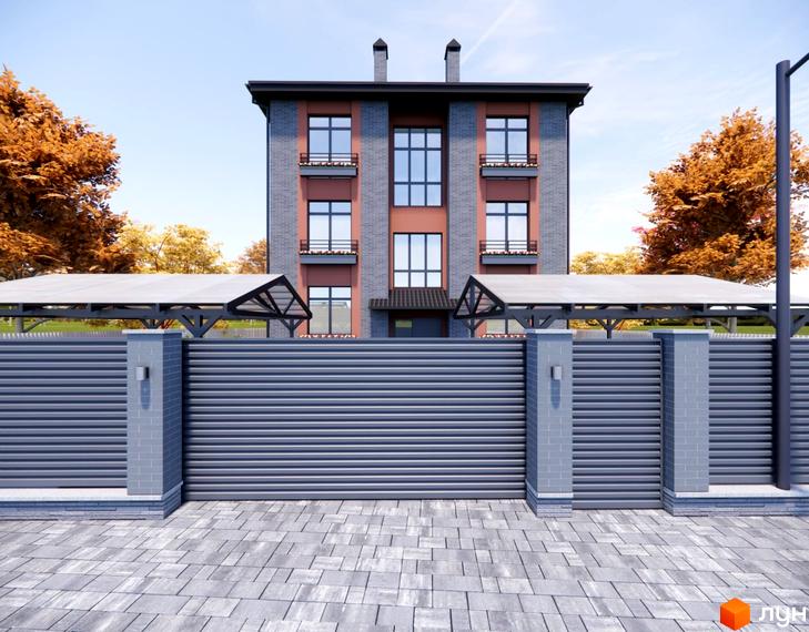 Житловий комплекс Шкільний: триповерховий будинок з цегляним фасадом, вікнами та балконами, прибудинкова територія з навісом та парканом.