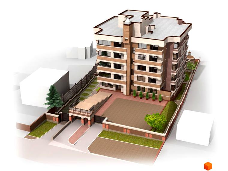 Зовнішній вигляд житлового комплексу на вул. Олександра Кониського, 63. На зображенні видно багатоповерховий будинок з коричневими та бежевими фасадами, а також прибудинкову територію з парканом, деревами та парковкою.