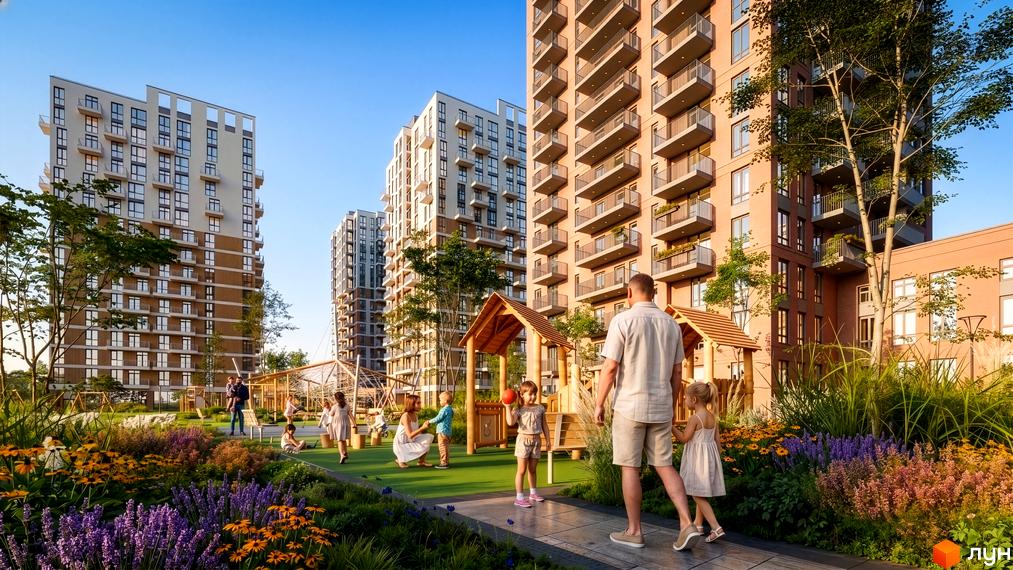 Житловий комплекс Озерні Вежі з високими будинками та дитячим майданчиком. Зелена зона з квітами та людьми.