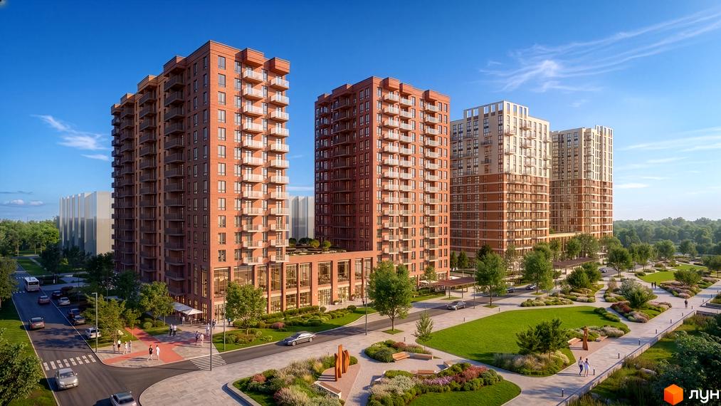 Житловий комплекс Озерні Вежі: багатоповерхові будинки з червоно-коричневими та світлими фасадами, балконами. Прибудинкова територія з газонами, деревами, доріжками та зонами відпочинку.