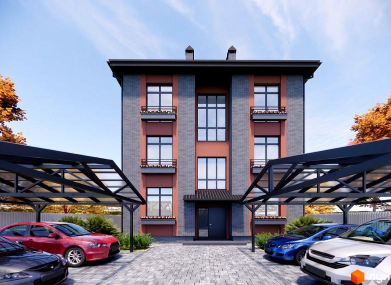Новобудова ЖК Шкільний з цегляним фасадом та балконами, прибудинкова територія з навісами для автомобілів та червоним авто.