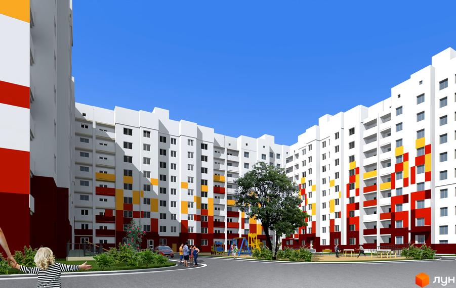 Зовнішній вигляд новобудови ЖК Перемоги з яскравими фасадами та дитячим майданчиком на прибудинковій території. Комплекс має багатоповерхові будівлі з балконами та вікнами.