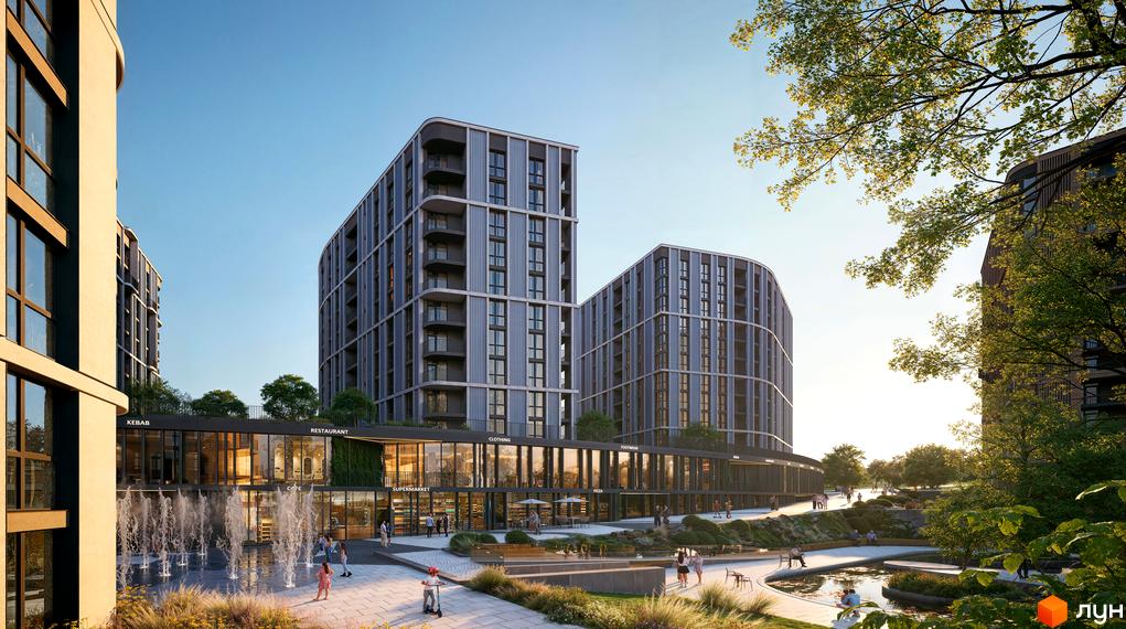 Житловий комплекс Uptown – це сучасні багатоповерхові будинки з балконами та комерційними приміщеннями на першому поверсі, оточені доглянутою прибудинковою територією з фонтанами та зонами відпочинку.