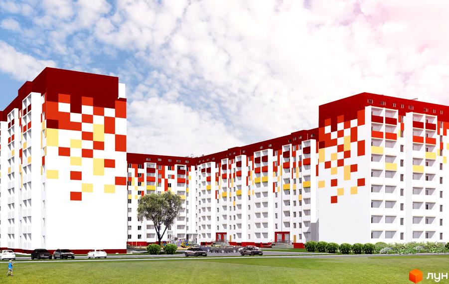 Житловий комплекс Перемоги з яскравим фасадом у червоно-жовтій гамі. Навколо будинку зелена галявина, дерева та припарковані автомобілі.