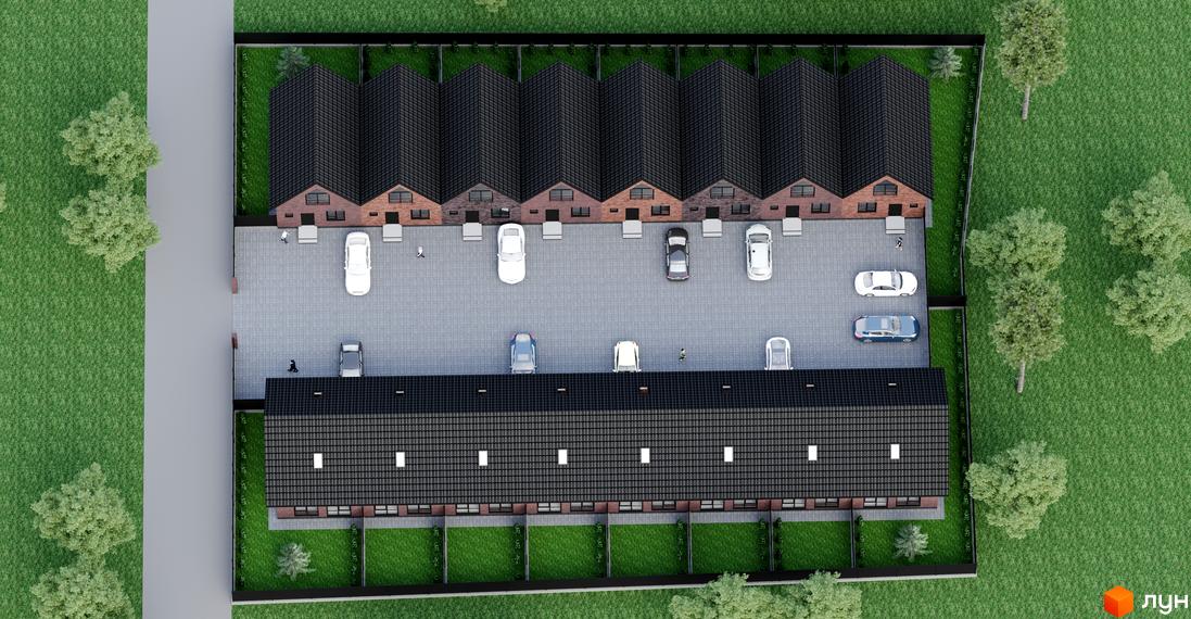 Таунхауси Молодіжна Баварія: вид зверху на двоповерхові будинки з чорними дахами та парковку з автомобілями. Навколо зелена галявина та дерева.