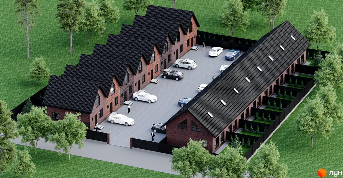 Зовнішній вигляд таунхаусів Молодіжна Баварія з цегляними фасадами та темними дахами, прибудинкова територія з парковкою та зеленими зонами.