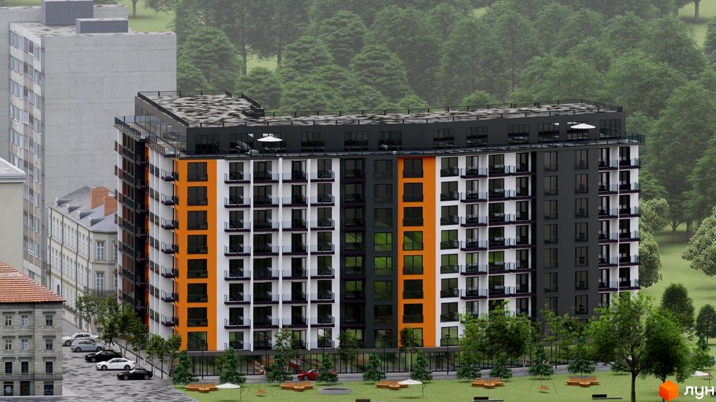 Житловий комплекс Лазенський Дім - багатоповерховий будинок з білими, сірими та помаранчевими фасадами, скляними балконами та панорамними вікнами. Навколо будинку зелена зона з деревами та місцями для відпочинку.