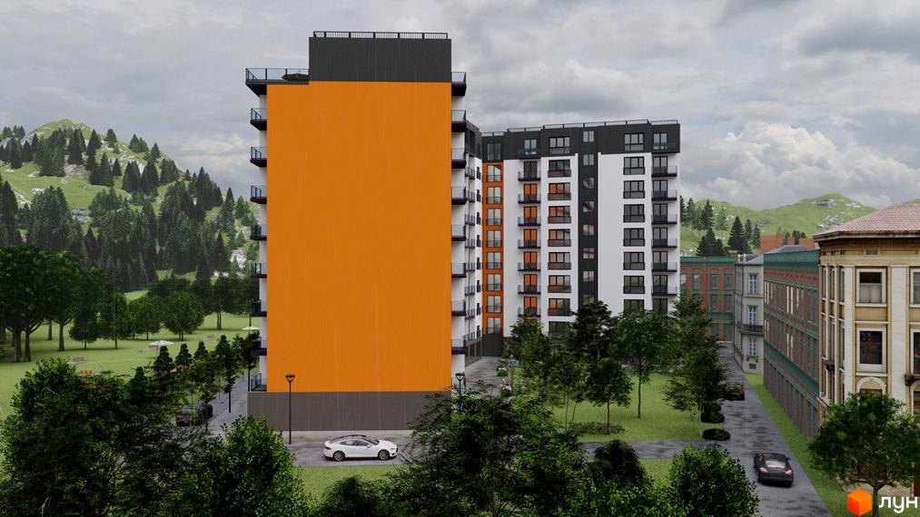 Новобудова ЖК Лазенський Дім з яскраво-помаранчевим фасадом та біло-чорними секціями, оточена зеленим парком та гірським пейзажем.