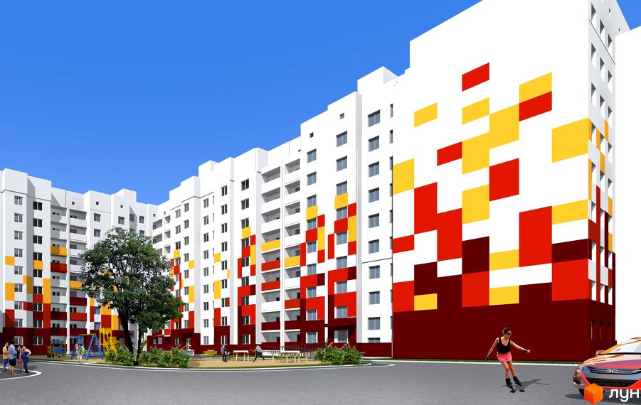 Зовнішній вигляд житлового комплексу Перемоги з яскравим фасадом у червоно-жовтих тонах. На прибудинковій території розташовані дитячий майданчик та зона відпочинку.