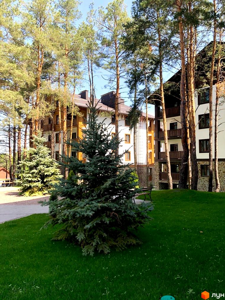 Житловий комплекс DESNA residence з дерев'яними фасадами та кам'яною обробкою, оточений високими соснами та доглянутим газоном.