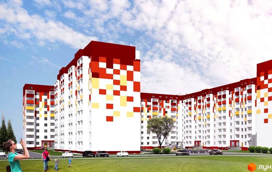 Житловий комплекс Перемоги з яскравим фасадом у червоно-жовтих тонах. На прибудинковій території зелений газон, дерева та дитячий майданчик.