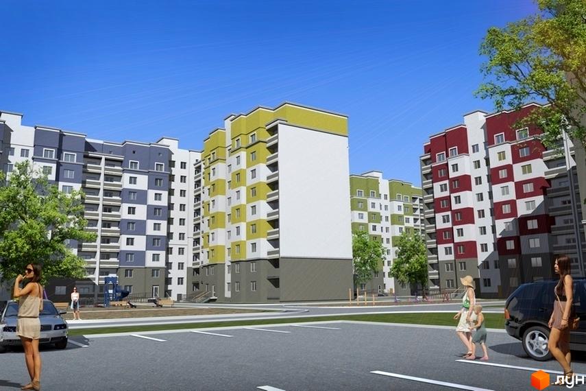 Житловий комплекс Перемоги - сучасні багатоповерхові будинки з яскравими фасадами та упорядкованою прибудинковою територією з парковкою та зеленими насадженнями.