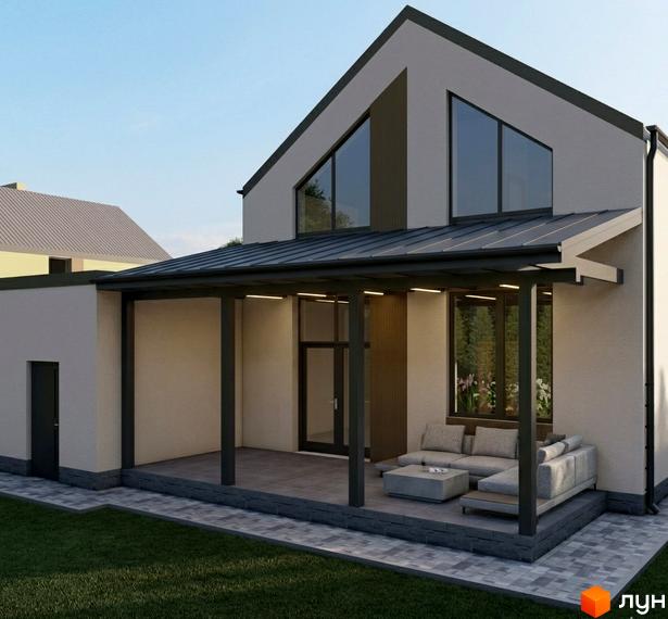 Котеджне містечко КМ Stone Park: двоповерховий будинок з навісом, терасою та зоною відпочинку. Прибудинкова територія з газоном та доріжками.