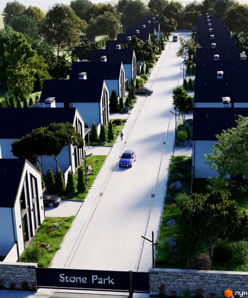 Котеджне містечко Stone Park: сучасні будинки з темними дахами та доглянутою прибудинковою територією з деревами та газонами.