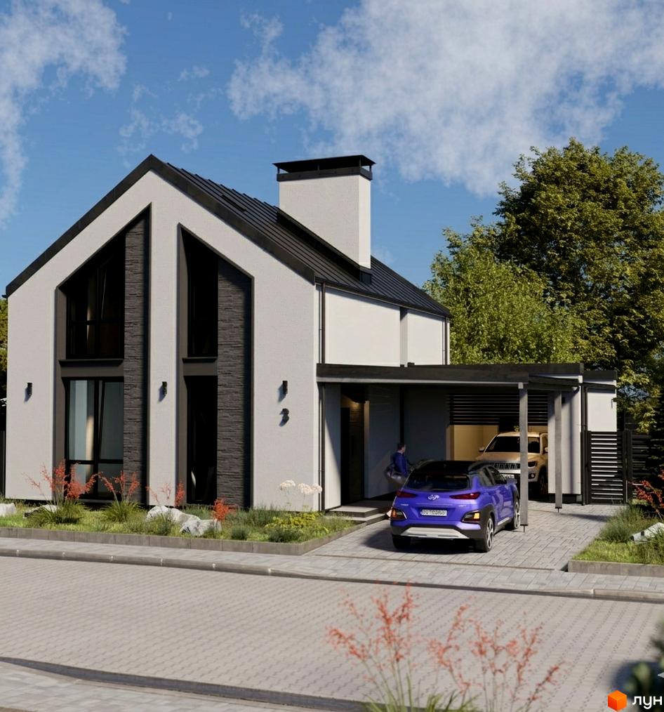 Зовнішній вигляд будинку КМ Stone Park з двома автомобілями на прибудинковій території. Новобудова з великими вікнами та сучасною архітектурою.