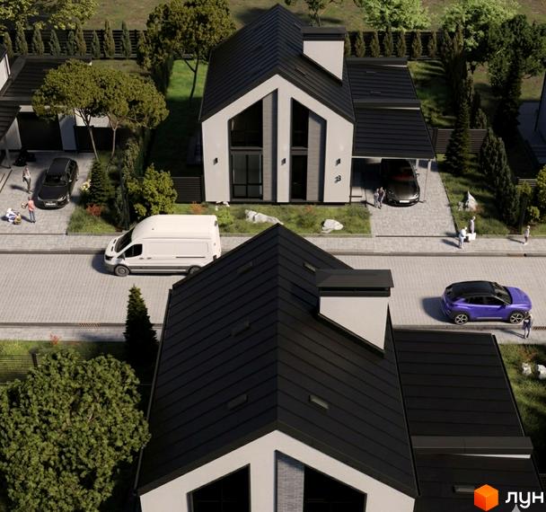 Котеджне містечко КМ Stone Park. Сучасні будинки з чорними дахами та білими фасадами, прибудинкова територія з доглянутими газонами та деревами.