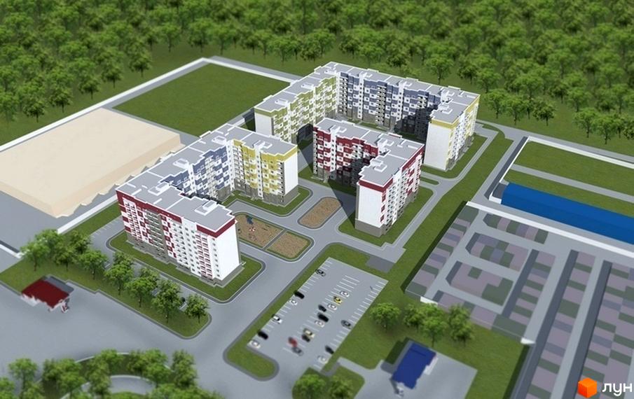 Житловий комплекс Перемоги: будівлі різної поверховості та кольору (червоний, жовтий, синій, зелений) з прилеглою територією, дитячим майданчиком та парковкою.