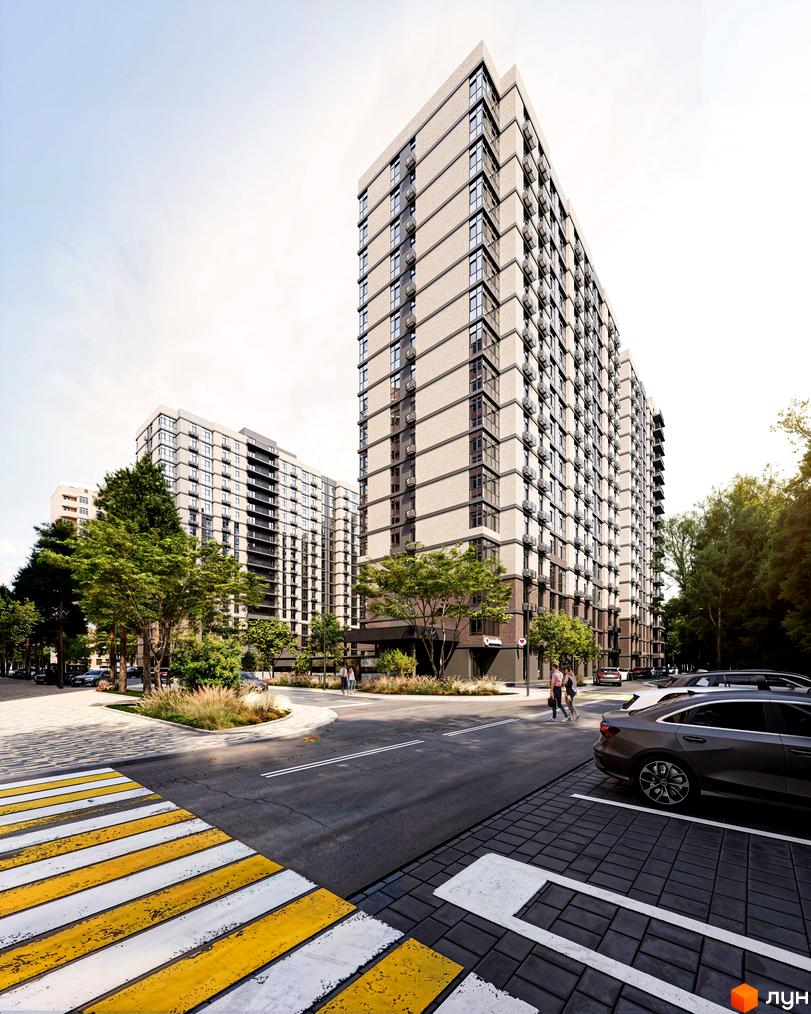 Новобудова Real Park Nova: висотні будинки зі світлим фасадом, прибудинкова територія з зеленню, пішохідними зонами та парковкою.