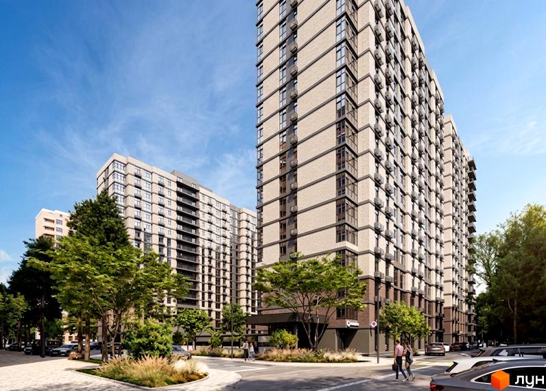 Житловий комплекс Real Park Nova: високі будинки зі світлої цегли та темними вікнами, оточені зеленими деревами та доріжками.