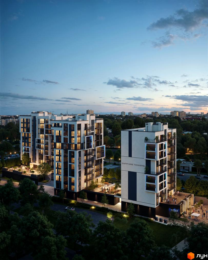 Житловий комплекс Sapphire Towers - сучасна архітектура, що складається з двох висотних будівель з панорамними вікнами та балконами. Прибудинкова територія з зонами відпочинку та озелененням.