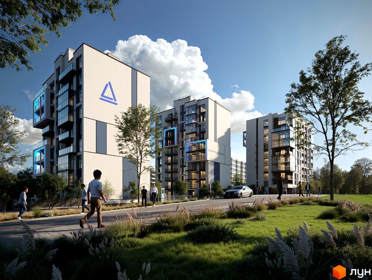 Житловий комплекс Sapphire Towers: багатоповерхові будинки з панорамними вікнами та балконами, зелена прибудинкова територія з деревами та травою.