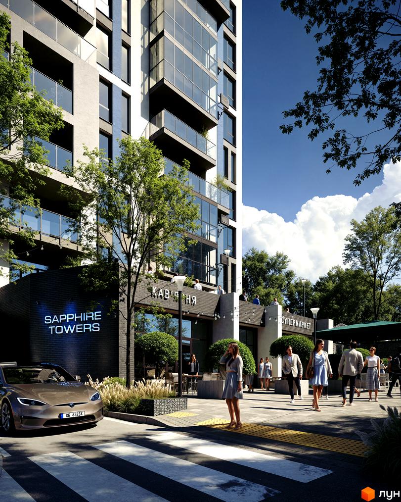 Sapphire Towers - сучасний житловий комплекс з фасадами з панорамними вікнами та скляними балконами. Прибудинкова територія з пішохідним переходом та зеленими насадженнями.