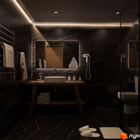 Сучасний дизайн ванної кімнати в комплексі КМ Елізіум resort з чорною мармуровою плиткою та підсвіткою.