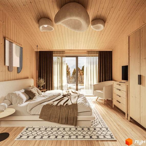 Дизайн спальні в котеджному містечку КМ Елізіум resort з дерев'яними стінами та стелею, великим вікном з видом на осінній ліс.