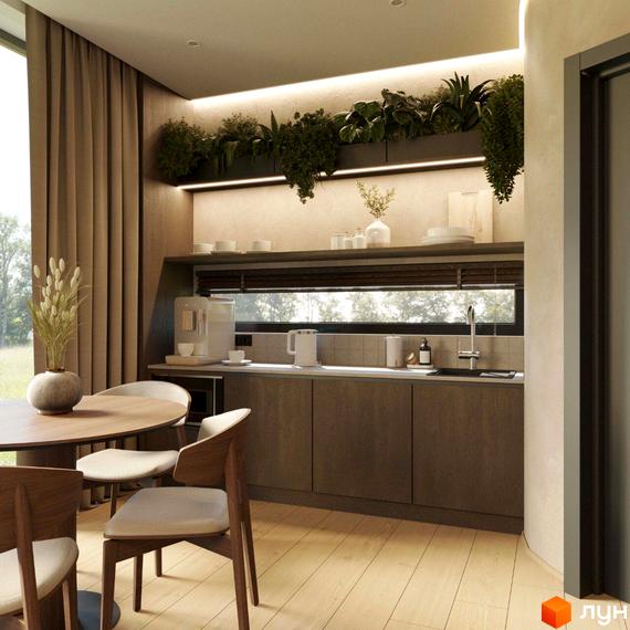 Інтер'єр кухні-вітальні в житловому комплексі КМ Елізіум resort з дерев'яними меблями та рослинами. Сучасний дизайн новобудови.