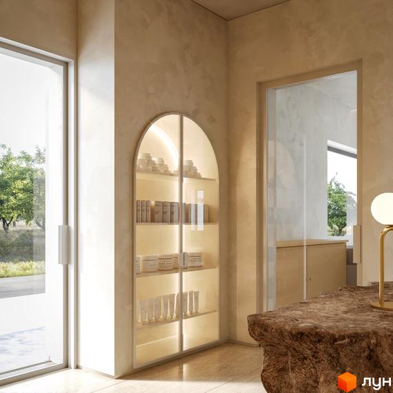Котеджне містечко КМ Елізіум resort: інтер'єр з арочною вітриною, наповненою косметичними засобами, та мармуровою стійкою. Зовнішній вигляд будинку та прибудинкова територія.