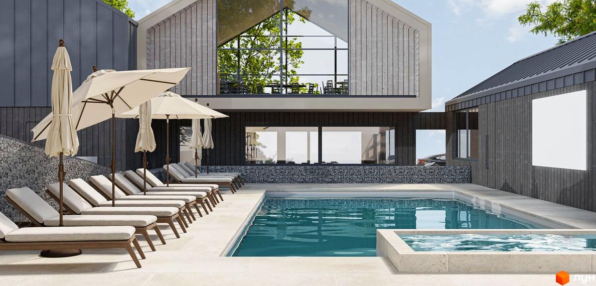Котеджне містечко КМ Елізіум resort: зовнішній вигляд будівлі з великими вікнами та басейном з шезлонгами на території.