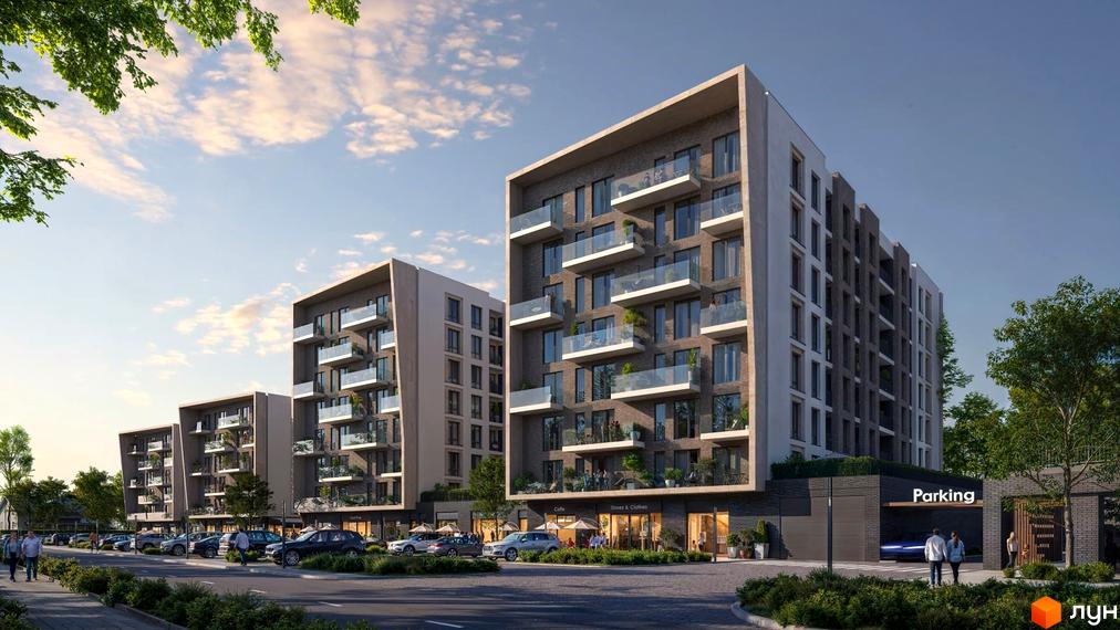 Житловий комплекс New Land з сучасними фасадами та скляними балконами, оточений парковкою та зеленою зоною. Зовнішній вигляд новобудови та прибудинкової території.