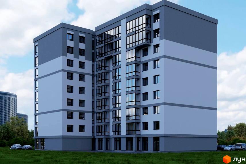 Житловий комплекс Сафрон: багатоповерхова новобудова з сірими та світло-сірими фасадами, великими вікнами та зеленою прибудинковою територією з автомобілями.