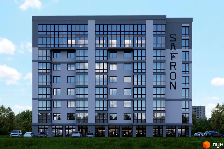 Зовнішній вигляд новобудови ЖК Saffron з великими вікнами та сірими фасадами, на тлі зелені та автомобілів.